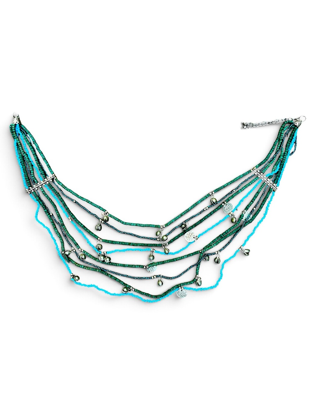 Vintage 90s Beaded Multi Strand Jingle Bell Necklace Turquoise Green